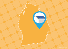 Simple map of Michigan with a map pin showing a roof with installed solar panels