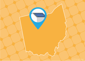 Simple map of Ohio with a map pin showing a roof with installed solar panels