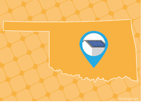 Simple map of Oklahoma with a map pin showing a roof with installed solar panels