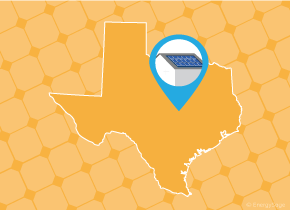 Simple map of Texas with a map pin showing a roof with installed solar panels