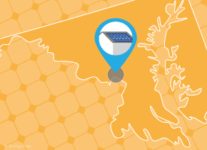 Simple map of Washington D.C. with a map pin showing a roof with installed solar panels