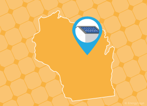 Simple map of Wisconsin with a map pin showing a roof with installed solar panels